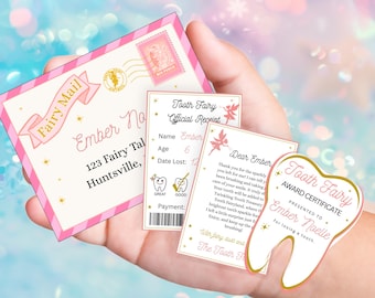 Conjunto editável de mini fadas do dente, recibo e carta rosa da fada do dente com envelope, kit da fada do dente, bilhete da fada do dente perdida, impressão digital