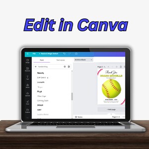 May include: A laptop computer screen displaying the Canva design platform. The screen shows a design for a softball coach appreciation gift with the text "Thank You Coach Michelle for a great season!" and a yellow softball with red stitching. The design is on a pink background with a red border. The laptop is on a wooden surface.