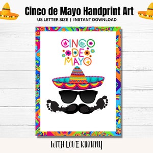 Artesanato de Cinco de Mayo, impressão de mão e pegada de Cinco de Mayo, lembrança de arte de impressão de mão para crianças, bebês e crianças pequenas, cartão DIY Cinco de Mayo