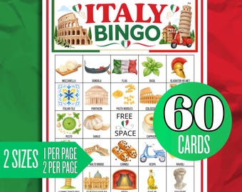 60 Italië bingokaarten, leuk vakantiebingospel, zomeractiviteit, zomerspellen, cruise, roadtripbingo, Europese reizen