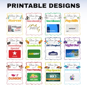 Pu&ograve; includere: Design stampabili con varie opzioni di buoni regalo. Include buoni regalo per tagli di capelli, gioielli, occhiali, pagamento di bollette, qualcosa di speciale, panini, progetti fai-da-te, una serata fuori, ciambelle, Taco Tuesday, sport ed elettronica.