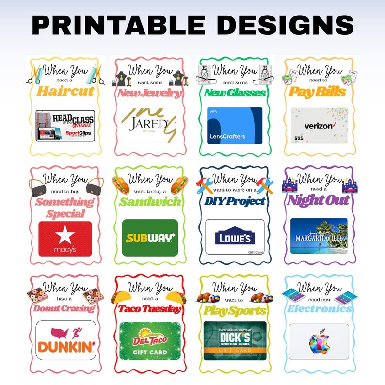 Pu&ograve; includere: Design stampabili con varie opzioni di buoni regalo. Include buoni regalo per tagli di capelli, gioielli, occhiali, pagamento di bollette, qualcosa di speciale, panini, progetti fai-da-te, una serata fuori, ciambelle, Taco Tuesday, sport ed elettronica.