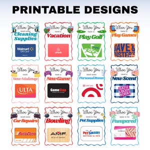 Pu&ograve; includere: Una collezione di design stampabili con modelli di buoni regalo per varie occasioni. I design includono buoni regalo per forniture per la pulizia, vacanze, nuovo trucco, nuovi giochi, golf, oggetti personali, giochi, nuove fragranze, riparazioni auto, bowling, forniture per animali domestici e coccole.