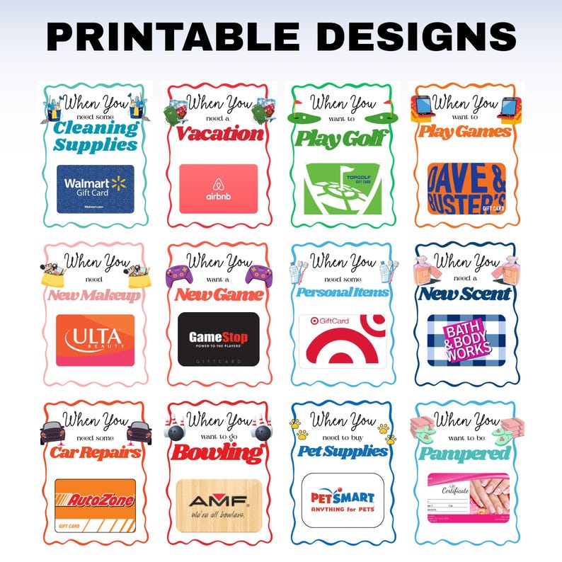 Pu&ograve; includere: Una collezione di design stampabili con modelli di buoni regalo per varie occasioni. I design includono buoni regalo per forniture per la pulizia, vacanze, nuovo trucco, nuovi giochi, golf, oggetti personali, giochi, nuove fragranze, riparazioni auto, bowling, forniture per animali domestici e coccole.