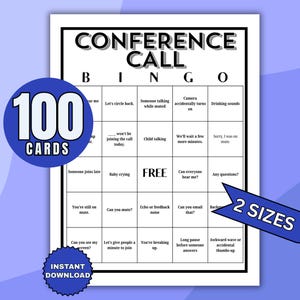 Puede incluir: Un juego de bingo de llamadas de conferencia en blanco y negro con frases como "¿Me oyes?" y "Estás en silencio". Incluye un círculo azul con "100 TARJETAS" y una pancarta azul que dice "2 TAMAÑOS".