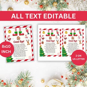 May include: Two Christmas-themed printable cards with the text "Good Bye!" and festive illustrations. One card is labeled "8x10 INCH" and the other "2 ON US LETTER". The cards feature Santa, reindeer, and Christmas trees.