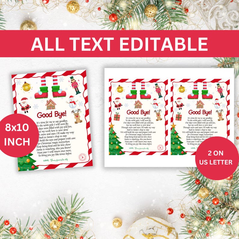 May include: Two Christmas-themed printable cards with the text "Good Bye!" and festive illustrations. One card is labeled "8x10 INCH" and the other "2 ON US LETTER". The cards feature Santa, reindeer, and Christmas trees.