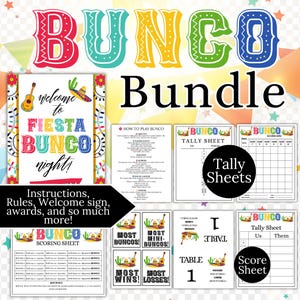 May include: A colorful "Bunco Bundle" graphic with the word "Bunco" in large, decorative letters. Includes a "Welcome to Fiesta Bunco Night" sign, tally sheets, score sheets, and instructions. Features a festive theme with guitars and sombreros.
