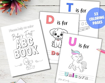 Páginas para colorir ABC do chá de bebê, primeiro livro do bebê ABC, lembrança do bebê, jogo de livro do alfabeto para bebês, atividade para chá de bebê para impressão
