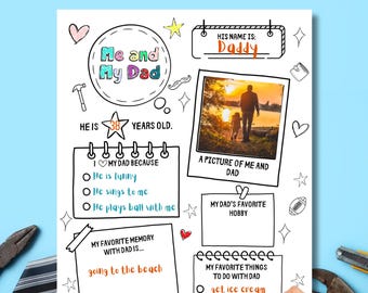 All About My Dad Printable Fathers Day Questionnaire, DIY Fathers Day Coloring Activity, Fill In The Blank Dad Worksheet, Dad Gift from Kids