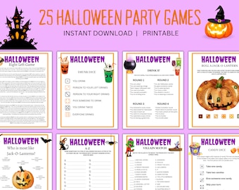 Op de afbeelding: Een set met printbare Halloween-partyspelkaarten met verschillende thema's zoals "Roll a Jack-O-Lantern", "Drink If", "Wie is het meest als Jack-O-Lanterns?", "Villain Match", "Candy Dice" en "Drunk Dice".