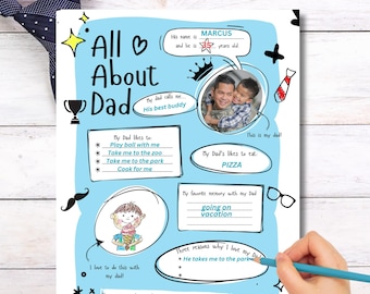 All About My Dad Printable Fathers Day Questionnaire, DIY Fathers Day Coloring Activity, Fill In The Blank Dad Worksheet, Dad Gift from Kids
