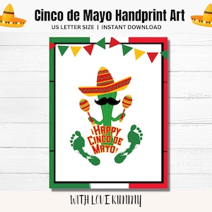 Artesanato de Cinco de Mayo, impressão de mão e pegada de Cinco de Mayo, lembrança de arte de impressão de mão para crianças, bebês e crianças pequenas, cartão DIY Cinco de Mayo