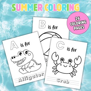 Puede incluir: Páginas para colorear con temática de verano. Las páginas presentan el alfabeto con ilustraciones de un caimán, un balón de playa y un cangrejo. El texto "SUMMER COLORING" está en la parte superior, y un círculo rosa indica "26 COLORING PAGES".