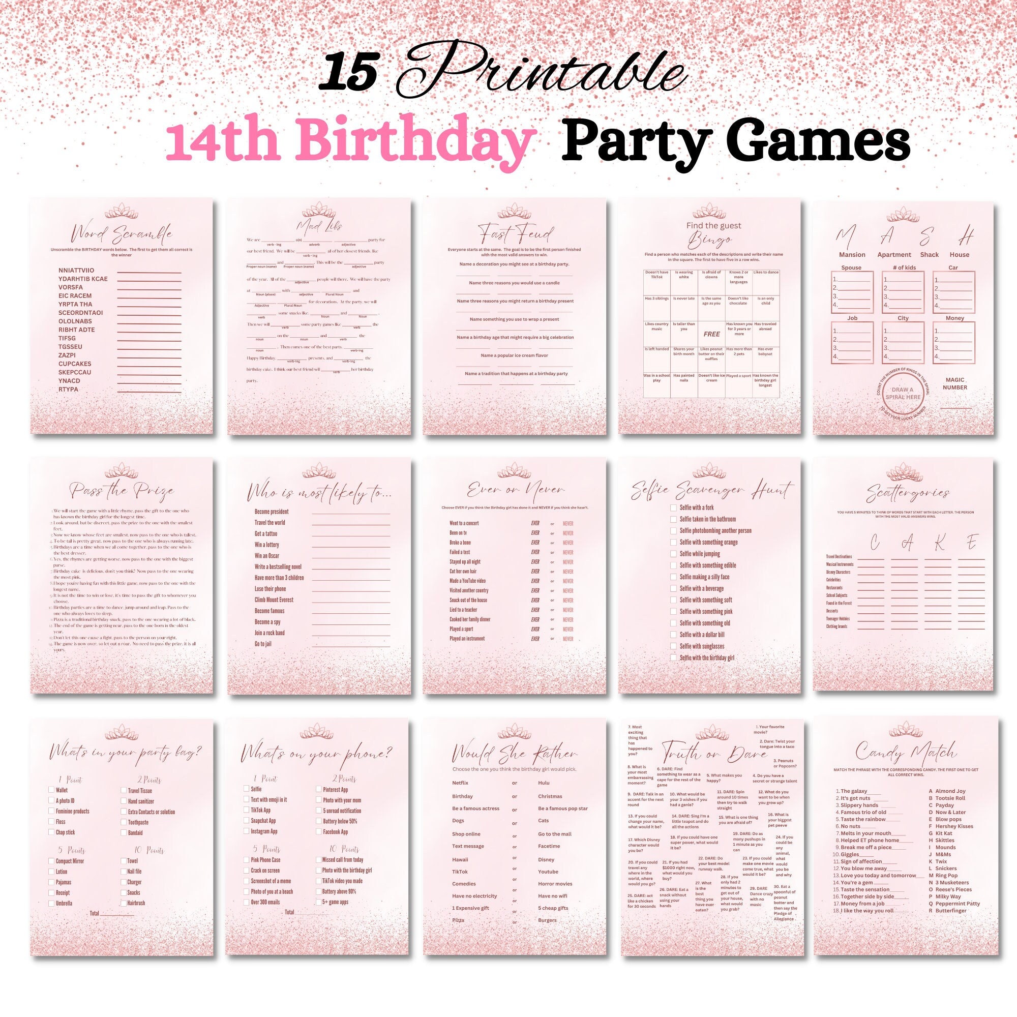 Printable 14th Birthday Game Bundle, Party Activities, Rose Gold ...