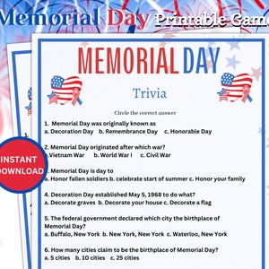 Memorial Day Trivia Game, Printable Family Games, Patriotic Party Games, Games for kids and Adults, Memorial Day Activity, Printable Games