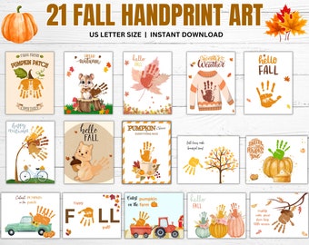May include: A collection of 21 fall-themed handprint art prints. The prints feature handprints designed as pumpkins, leaves, and other autumn elements. Text includes "21 Fall Handprint Art", "US Letter Size", and "Instant Download".
