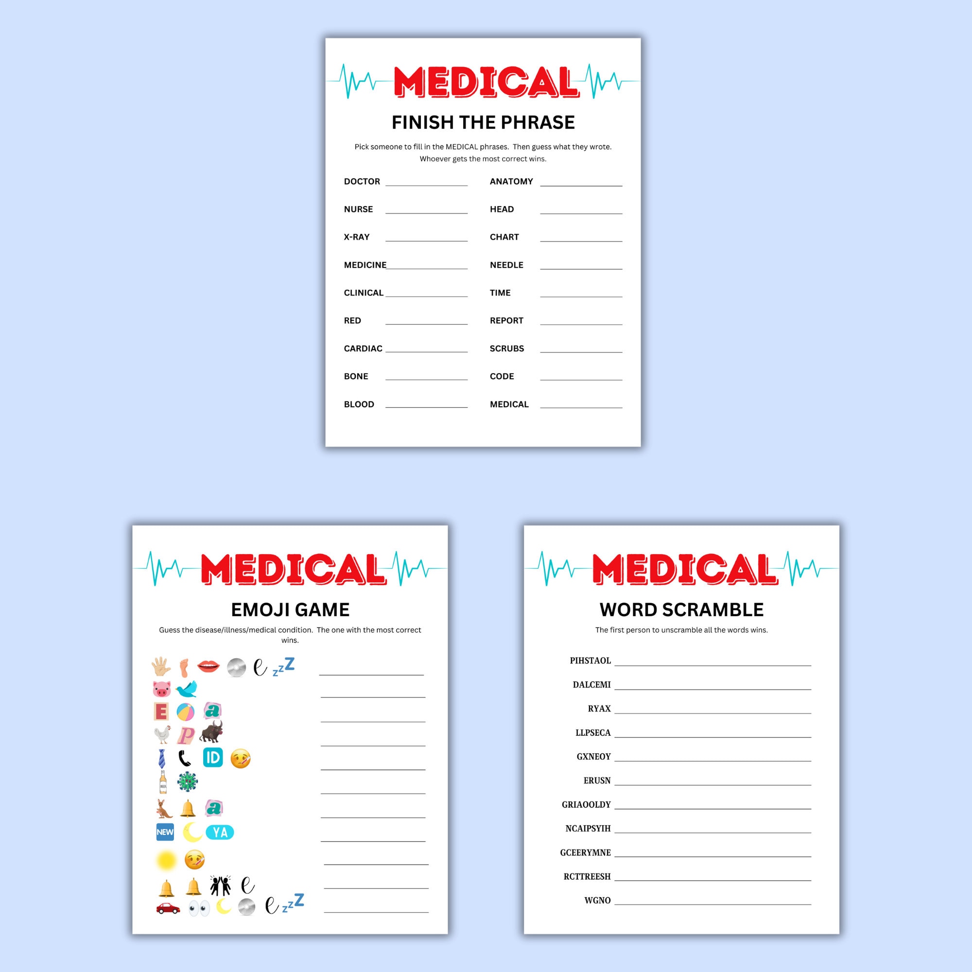 Medical Game Bundle, Printable Nursing Games, Doctor Games, Radiology