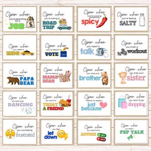May include: A set of 16 cards with different prompts for opening them. Each card has a colorful background and a different illustration. The text on the cards reads "Open when..." followed by a specific situation or feeling. For example, "Open when you're feeling salty", "Open when you need a ride", "Open when you're craving something spicy", and "Open when you want to go shopping".