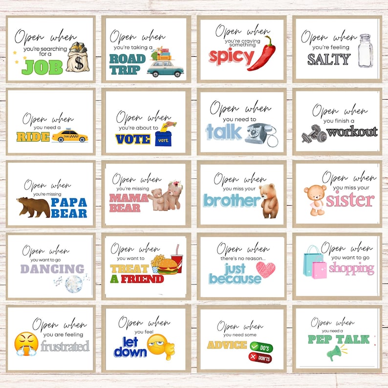 May include: A set of 16 cards with different prompts for opening them. Each card has a colorful background and a different illustration. The text on the cards reads "Open when..." followed by a specific situation or feeling. For example, "Open when you're feeling salty", "Open when you need a ride", "Open when you're craving something spicy", and "Open when you want to go shopping".
