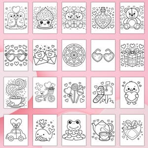 May include: A collection of black and white line art illustrations featuring Valentine's Day themes. Images include penguins, cupcakes, teddy bears, love potion, heart-shaped glasses, envelopes, pizza, gifts, coffee, bicycle, lollipops, mailbox, chick, car, whale, frog, teapot, and gift.