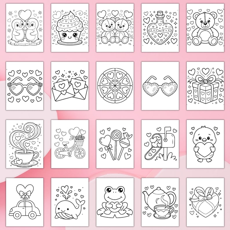 May include: A collection of black and white line art illustrations featuring Valentine's Day themes. Images include penguins, cupcakes, teddy bears, love potion, heart-shaped glasses, envelopes, pizza, gifts, coffee, bicycle, lollipops, mailbox, chick, car, whale, frog, teapot, and gift.
