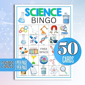 Science Bingo Printable Game, 50 Unique Bingo Card, Mad Scientist Party Game, Chemistry Kid Activity, Classroom, Homeschool Instant Download