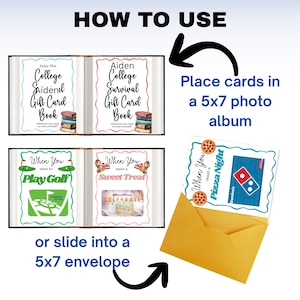 Pu&ograve; includere: Immagine che mostra una guida su come utilizzare i libri di buoni regalo. Il testo recita "Come usare" e include le istruzioni per inserire le carte in un album fotografico da 12,7 x 17,8 cm o farle scorrere in una busta da 12,7 x 17,8 cm. Vengono mostrati esempi di libri e carte regalo.