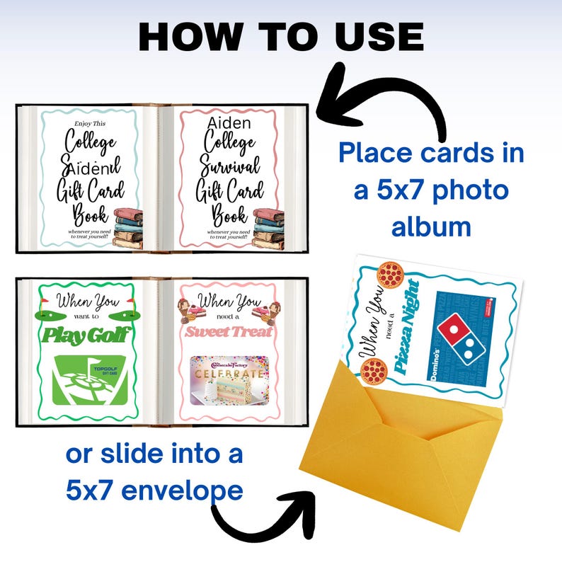 Pu&ograve; includere: Immagine che mostra una guida su come utilizzare i libri di buoni regalo. Il testo recita "Come usare" e include le istruzioni per inserire le carte in un album fotografico da 12,7 x 17,8 cm o farle scorrere in una busta da 12,7 x 17,8 cm. Vengono mostrati esempi di libri e carte regalo.