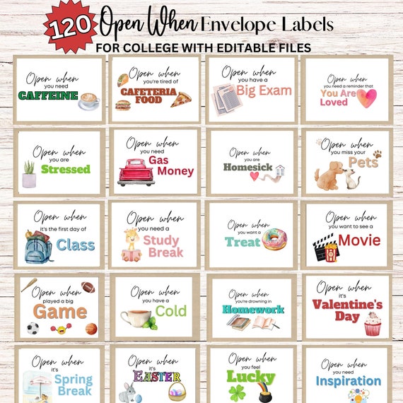Open When Envelope Label for College Students, Editable University Letters, Going away gift, College Student Care Package, Open When Cards