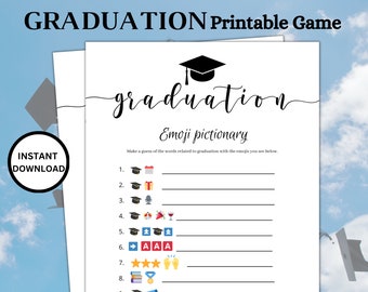 May include: A printable graduation game with the text "GRADUATION Printable Game" at the top. The game includes the word "graduation" in cursive, and the title "Emoji pictionary". The game has emojis and lines for answers. The words "INSTANT DOWNLOAD" are in a circle.