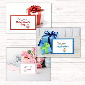 May include: Three gift cards with different designs. The first card is red with a cupcake and the text "Open when it's Valentine's Day". The second card is blue with a lightbulb and the text "Open when you need Inspiration". The third card is pink with a musical note and the text "Open when you pass your first Test".