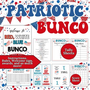 May include: A patriotic Bunco game set with red, white, and blue decorations. Includes instructions, welcome sign, tally sheets, score sheets, and awards. Ideal for a themed game night.
