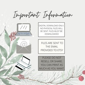 May include: Important information about digital downloads. Digital download only. No physical files will be sent. Files must be downloaded. Files are sent to the email provided to Etsy. Please do not resell or share. You can print as much as you want.