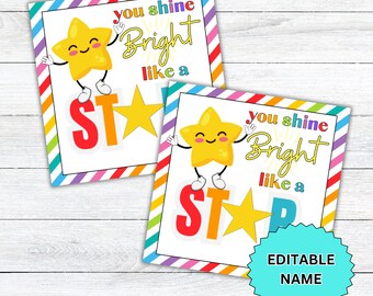 May include: Two printable cards with a rainbow striped border. Each card features a yellow star with a smiling face and the text "You shine bright like a star" with the word "star" in large red letters.