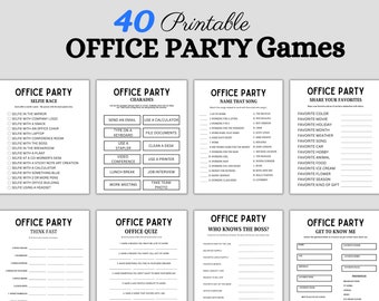May include: A set of printable office party games. The games include Selfie Race, Charades, Name That Song, Share Your Favorites, Think Fast, Office Quiz, Who Knows the Boss?, and Get to Know Me. The games are black and white and have a simple design.