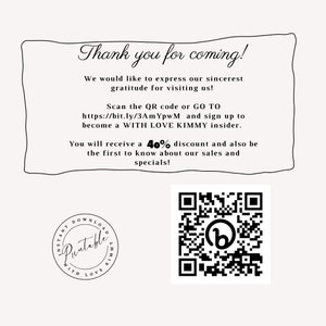 Peut inclure: Merci d'&ecirc;tre venu&nbsp;! Nous tenons &agrave; vous exprimer notre sinc&egrave;re gratitude pour votre visite&nbsp;! Scannez le code QR ou allez sur https://bit.ly/3AmYpwM et inscrivez-vous pour devenir un membre de WITH LOVE KIMMY. Vous recevrez une r&eacute;duction de 40&nbsp;% et serez &eacute;galement parmi les premiers &agrave; &ecirc;tre inform&eacute;s de nos ventes et de nos offres sp&eacute;ciales&nbsp;!
