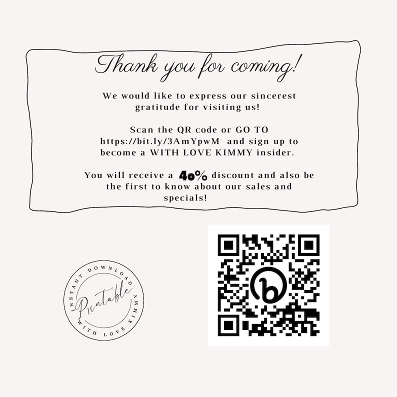 Peut inclure: Merci d'&ecirc;tre venu&nbsp;! Nous tenons &agrave; vous exprimer notre sinc&egrave;re gratitude pour votre visite&nbsp;! Scannez le code QR ou allez sur https://bit.ly/3AmYpwM et inscrivez-vous pour devenir un membre de WITH LOVE KIMMY. Vous recevrez une r&eacute;duction de 40&nbsp;% et serez &eacute;galement parmi les premiers &agrave; &ecirc;tre inform&eacute;s de nos ventes et de nos offres sp&eacute;ciales&nbsp;!