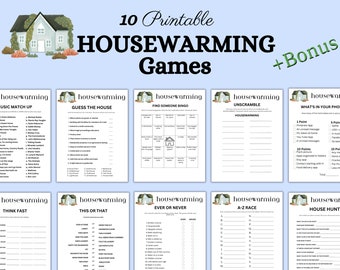 May include: Ten printable housewarming games with titles like "Music Match Up", "Guess the House", "Find Someone Bingo", "Unscramble Housewarming", "What's in Your Phone", "Think Fast", "This or That", "Ever or Never", "A-Z Race", and "House Hunt".