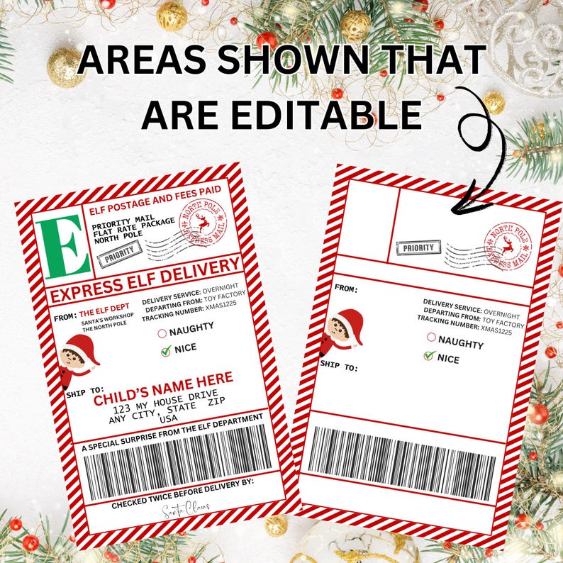 Elf Address Editable Elf Mail Label, Elf Arrival Box Label, Santa Mail Label Elf ...