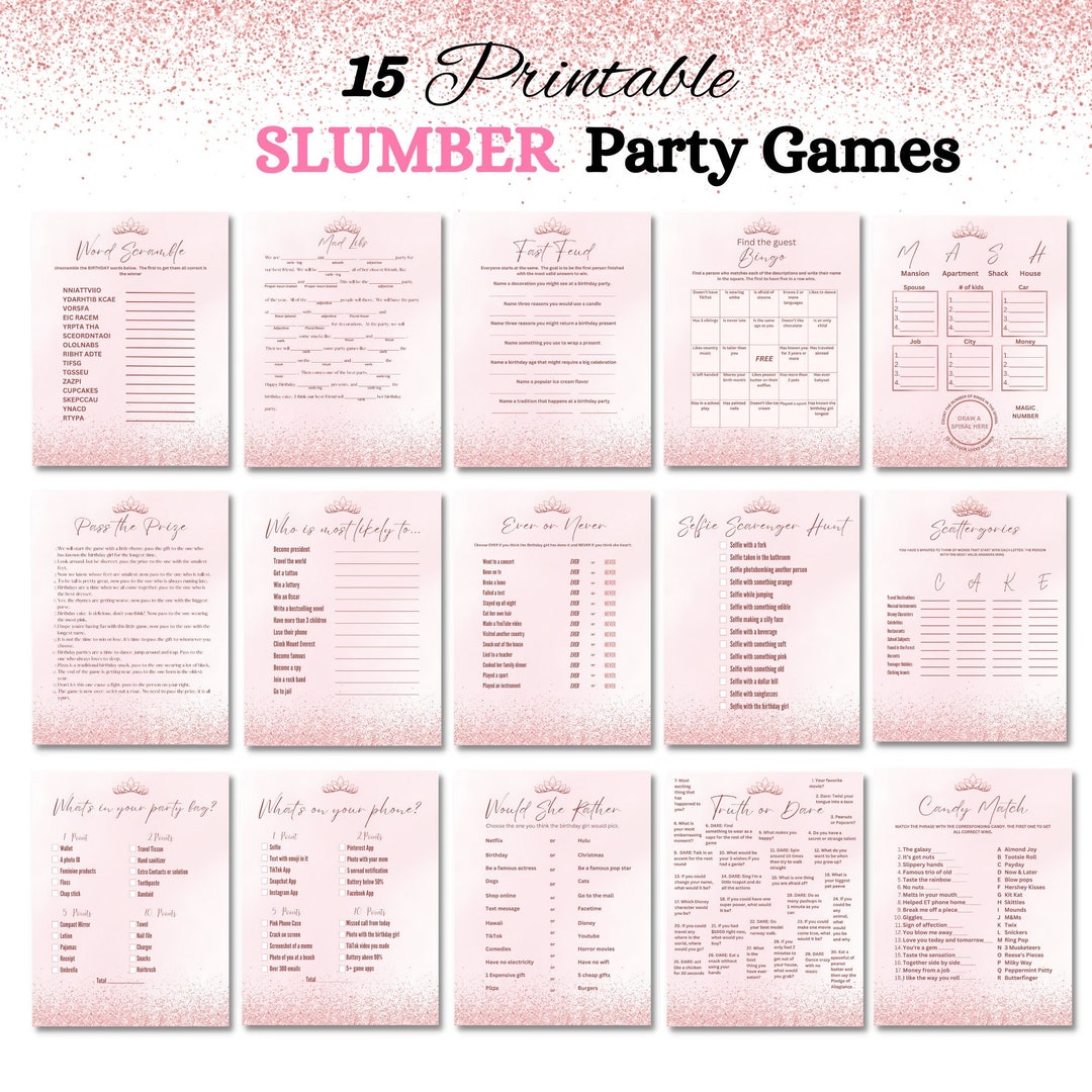 Printable Slumber Party Game Bundle, Party Activities Her, Rose Gold ...