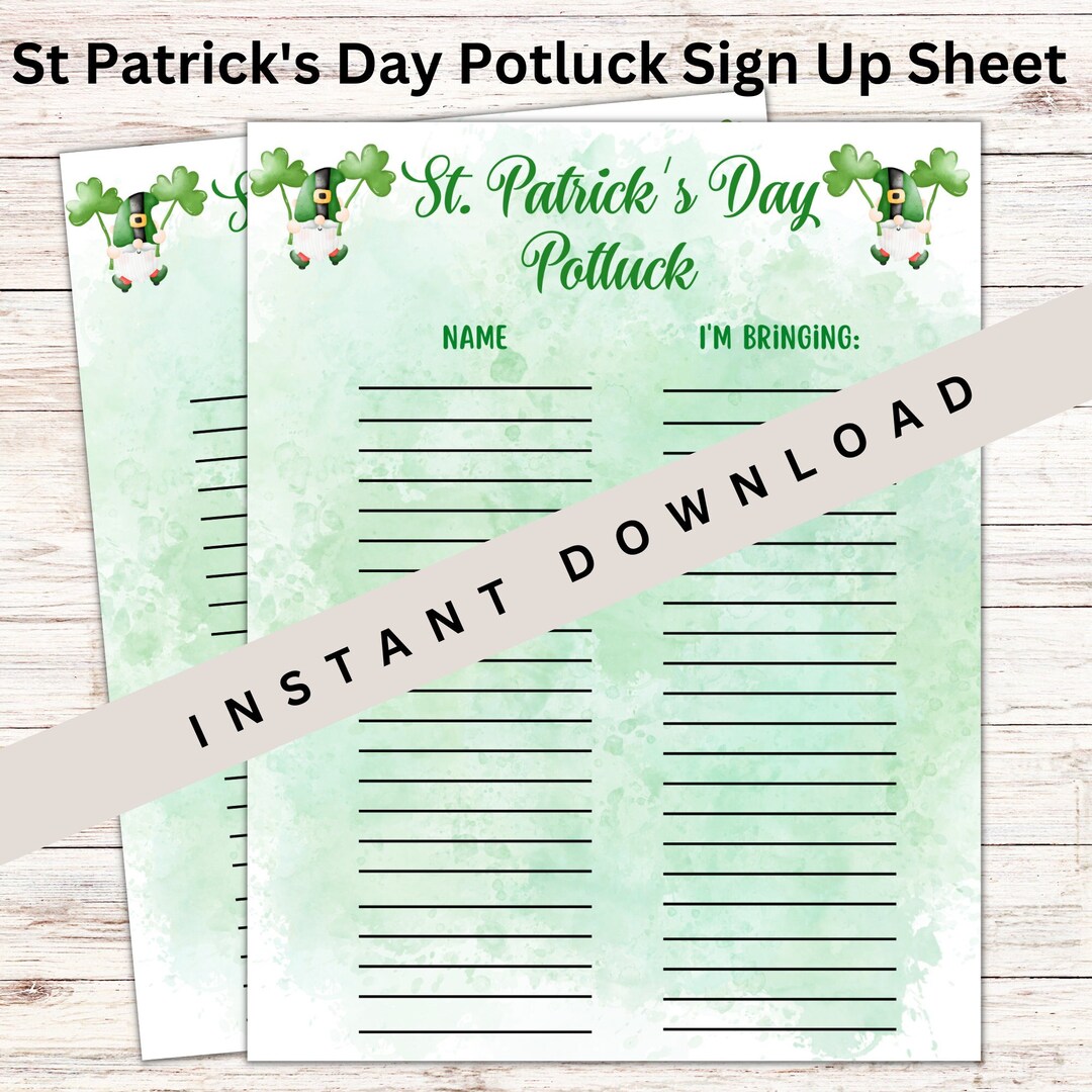 St Patrick's Day Potluck Sign up Sheet, Holiday Potluck Sheet, Church ...