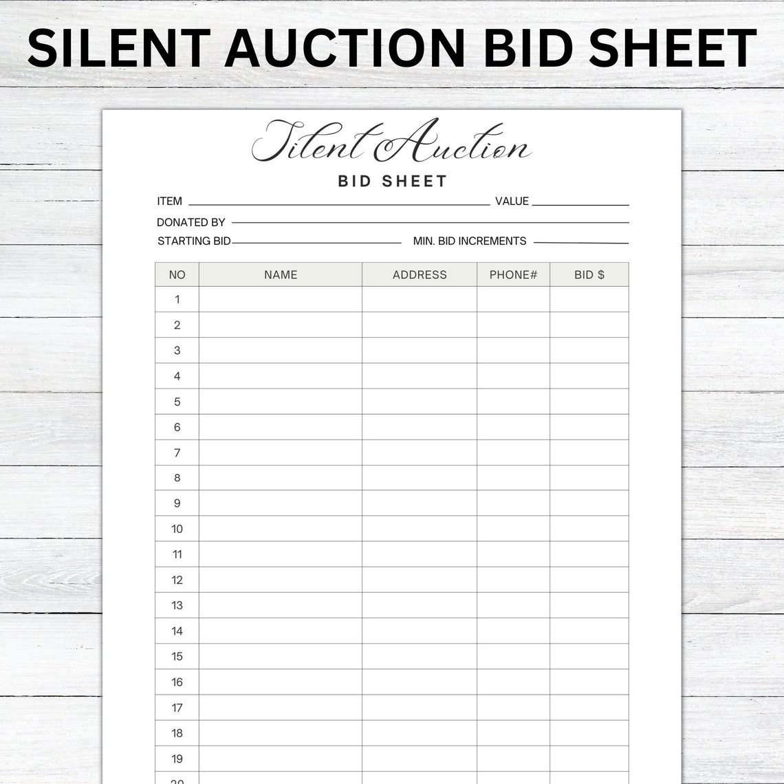 Silent Auction Bid Sheet, Silent Auction Sign up Sheet, Fundraiser ...