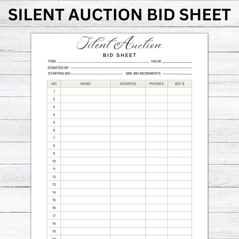 Silent Auction Bid Sheet, Silent Auction Sign up Sheet, Fundraiser ...