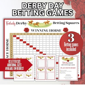 May include: A set of Kentucky Derby betting games, including a grid for the winning horse, betting squares, and instructions. The design features horse racing graphics, roses, and the text "Derby Day Betting Games."