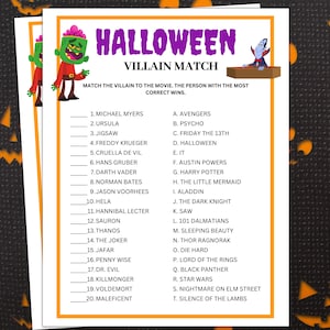 Halloween Party Game, Villain Match, Halloween Party Activities, Halloween adult Party, Fall October party game, Halloween game printable
