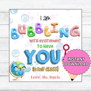 Back to School Gift Tag, Bubbling with excitement Gift tag,  Meet the Teacher Tag, Student Treat Tag, Open House gift, First Day of School