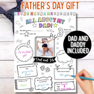 All About My Dad Printable Fathers Day Questionnaire, DIY Fathers Day Coloring Activity, Fill In The Blank Dad Worksheet, Dad Gift from Kids