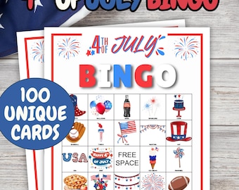 100 Fourth of July BINGO Game, BINGO Printable Family Game, Patriotic Party Game for Kids & Adults, July 4th Activity, Independence Day game
