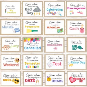 May include: A set of 16 colorful envelopes with different phrases printed on them. Each envelope has a different illustration, such as a rain cloud, a graduation cap, a piggy bank, and a broken heart. The envelopes are designed to be opened when you are feeling a certain emotion or experiencing a specific event.
